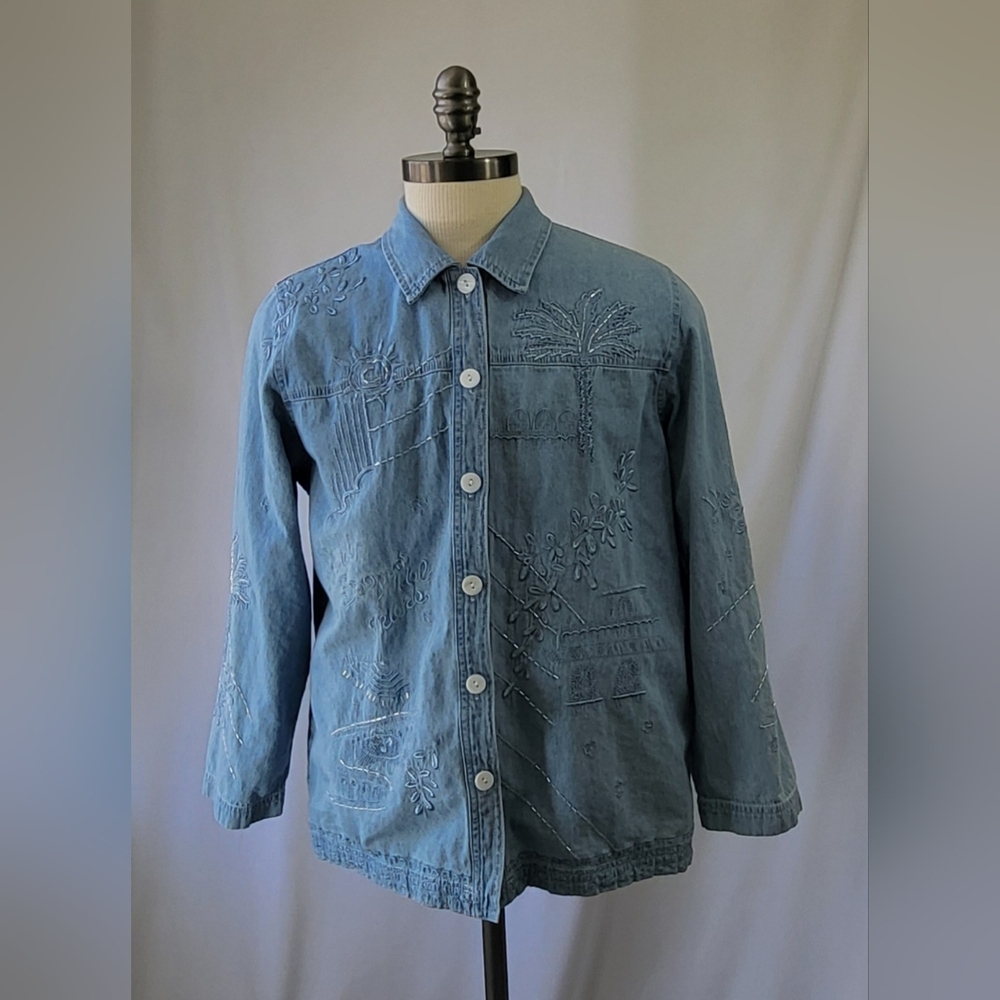 Graff by Um Company Womens Vintage Denim Embroidered Beaded Buttoned Shirt Sz Lg